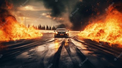 Огонь на дороге и парень на машине